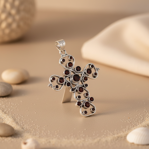 Collar con Colgante de Cruz de Plata 925 con Granate y Oro Rosa para Mujer - Product Image 3