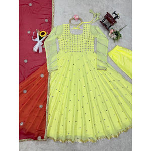 Mehr Unstitched Grace Faux Georgette Top 51 Inch Height Sequin <b>Detail</b> Cotton Pant Lace Work Dupatta Size M to XXL - Product Image 1