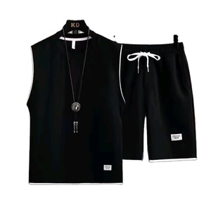 Ensemble d'été décontracté pour homme : Gilet ample à manches courtes en tissu gaufré et short de sport deux pièces avec design patchwork - Product Image 3