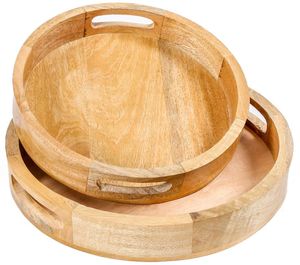 Wholesale Custom Large <b>Small</b> Size Rustic Brown <b>Round</b> Walnut Wood Serving Food Tray with Handles Serving Tray - Product Image 2