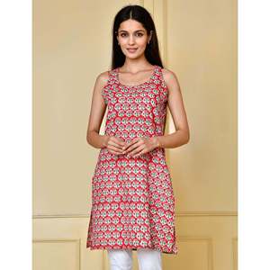 Top court sans manches en coton imprimé floral moutarde, tissu popeline - Product Image 1