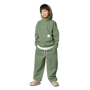 Boys Green Hooded Tracksuit Cotton Casual Jogging Suit Solid Color Full Sleeve Loose Fit Autumn Wear With Side Pockets - Product Image 4