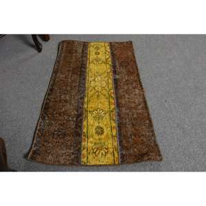 Tapis en laine turque marron et jaune vintage, tissage plat de 1.8x3.5 pieds, motif patchwork pour décorations de salon, support en latex - Product Image 3