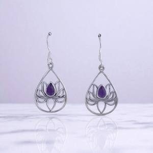 Pendientes de Plata de Ley con Piedras Preciosas de Plataforma en Forma de Pera con Diseño de Loto, con Piedras Preciosas de Plata de Ley, Regalo para Ella - Product Image 2