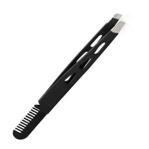 Pinzas para Cejas con Peine, Acero Inoxidable, Punta Inclinada, Herramienta de Depilación de Precisión, Antideslizante, 2 en 1, Color Negro - Product Image 1