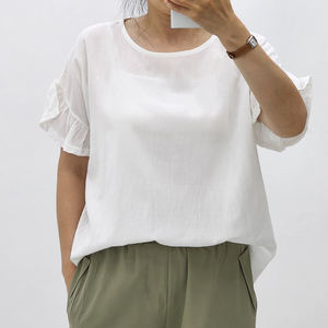 Blusa de Verano para Mujer, de Algodón Tejido, Cuello Redondo, con Mangas con Volantes, Estilo Dulce, Transpirable, Color Liso, Teñido, Venta al Por Mayor OEM - Product Image 5