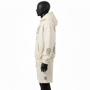 Premium 320 GSM Cotton Polyester Fleece Hoodie <b>Short</b> Set <b>Men</b> Cream Sportswear Custom Logo Chenille <b>Patch</b> Embroidery - Product Image 2