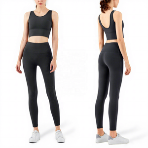 Seamless 2 Piece <b>Yoga</b> Set Racerback Sports Bra High Waist Full Length <b>Leggings</b> Solid <b>Black</b> - Product Image 1