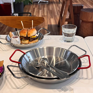 Thương mại thép không gỉ hải sản <span class=keywords><strong>paella</strong></span> <span class=keywords><strong>Pan</strong></span> Snack tấm phục vụ tấm với đôi tay cầm màu đỏ - Product Image 3