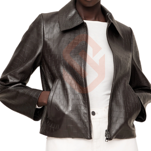 Nouvelle veste de motard en cuir véritable grande taille pour femmes Parka d'hiver en relief crocodile avec fermeture à glissière recadrée Look moto - Product Image 2