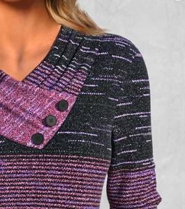 Camiseta de Manga Larga con Cuello en V de Jersey Transpirable para Mujer, Diseño Casual de Otoño e Invierno con Botones y Rayas Bordadas en Contraste - Product Image 3