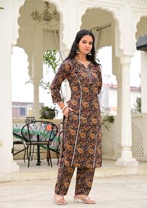 Salwar Kameez long en coton à imprimé floral noir pour femmes, kurta droit avec pantalon, fête, été - Product Image 2