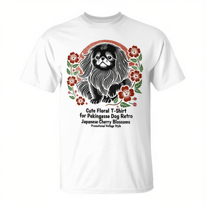 T-shirt Floreale Carina per Cani Pekingese, Stile Vintage Promozionale con Fiori di Ciliegio Giapponesi Retrò - Product Image 2