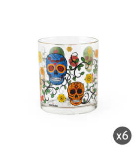Juego de Vasos de Vidrio Resistente, 6 Piezas, 25 cl (8.5 fl oz), Multicolor, Diseño de Flores y Calaveras, Transparente, Calavera Excelsa - Product Image 1