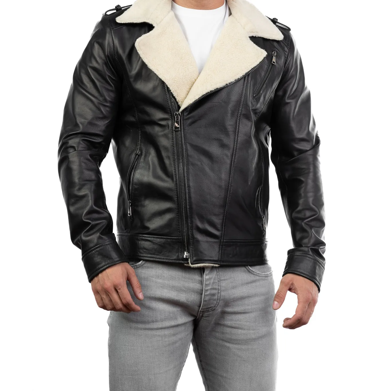Entusiast Man LeatherJacket Genuine lambskin With Zip curly fur padding Custpmizable - Handcrafted in Italy