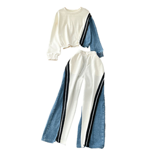 Ensemble 2 pièces pour femmes tendance et confortable pour l'hiver, sweat-shirt à manches longues à blocs de couleur, pantalon large en denim à empiècements - Product Image 2