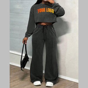 Custom 2-Piece <b>Set</b> for Women Distressed <b>Embroidery</b> Cropped Hoodie and Sweatpantsfull Length Winter Tracksuit - Product Image 4