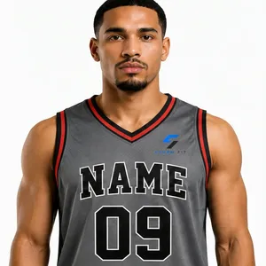Maillot de basket-ball gris personnalisé pour hommes, col en v, sans manches, impression sublimée, nom numéro 09, coupe régulière, évacuation de l'humidité, 100% - Product Image 3