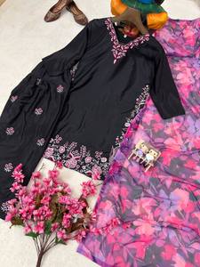 Conjunto de Kurta Dhoti Tradicional Indio de Georgette Bordado en Negro y Rosa para Bodas y Fiestas, Vestido Abaya, Vestido Kaftan para Mujer - Product Image 4