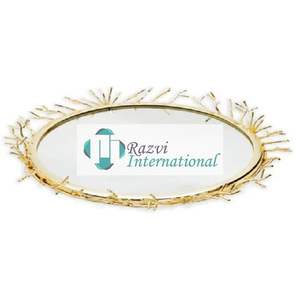 Round Shape Mirror Tray with Gold <b>Twigs</b> Designed Border Superior Quality Metal Gold Color Food Serving Tray <b>Decorative</b> Tray - Product Image 1