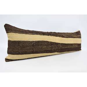 Beige Striped Wool <b>Pillow</b> 16x48 Inch Kantha Style Patchwork Woven with Vintage Pattern - Product Image 3