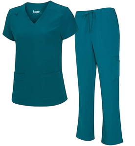 Conjunto de Top y Pantalón Cargo con cuello de pico elástico para mujer, abrigos de laboratorio, uniformes de enfermera, ropa de Hospital, ropa médica al por mayor - Product Image 5