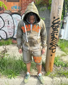 Ensembles short et sweat à capuche zippé complet personnalisé OEM survêtement deux pièces lavé à la pierre et à l'acide survêtement avec broderie de détresse pour hommes - Product Image 2