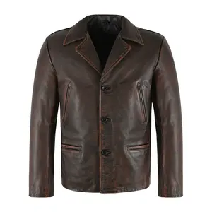 Leather Blazer Men's Slim Fit Vintage Jacket Style Maroon Cowhide Leather Plus Size Coat