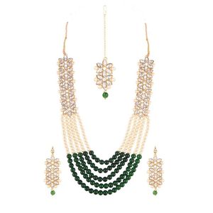 Joyería India Bollywood Faux Pearl Crystal Collar Maang Tikka Pendientes Head Chain Jewelry Set para mujeres - Product Image 1