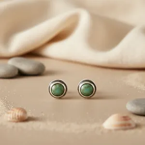 Boucles d'oreilles clous vintage en argent 925 et turquoise, serti clos, unisexe, pour usage quotidien - Product Image 3