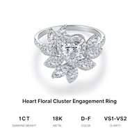 Bague pour femme en or blanc 18 carats avec diamant de laboratoire, pierre centrale taille cœur, accent feuille florale marquise, bande pavée, bague tendance