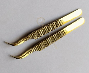 Pinzas de extensión de pestañas de plasma de oro Platino más vendidas al por mayor punta puntiaguda de acero inoxidable semicurvada de etiqueta privada - Product Image 6