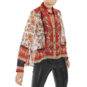 INC International Concepts Camicetta Casual da Donna in Chiffon Rosso Taglia Piccola con Stampa Floreale e Motivo Sciarpa - Product Image 1