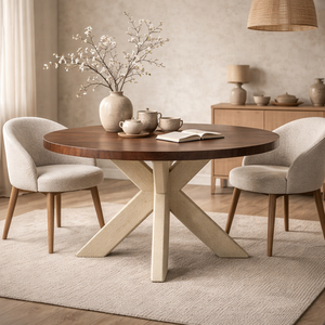 Table à manger ronde avec plateau en bois massif et base en X, design industriel moderne pour la restauration, meubles d'hôtellerie, usage commercial - Product Image 1