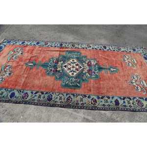 Vintage Turkish Rug, 4.8x10.3 ft Rug, <b>Red</b> Blue Ikat <b>Wool</b> Rug - Product Image 3