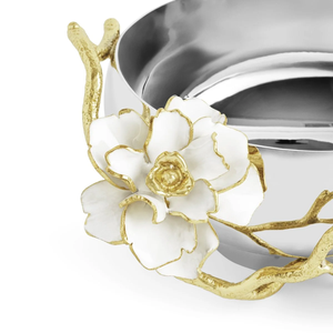 Golden Blossom Luxe Bowl Centro de mesa de plata con adornos florales dorados y detalles de hojas - Product Image 5