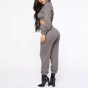 ชุดกีฬา2ชิ้นมีฮู้ดสำหรับผู้หญิงแฟชั่นใหม่ชุดวอร์มลำลองมีซิปเสื้อโค้ทแขนยาวชุดครอปแบบรูด - Product Image 5