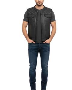 Gilet en cuir véritable noir pour homme, matelassé en diamant, col mandarin et fermeture éclair sur le devant - Product Image 4