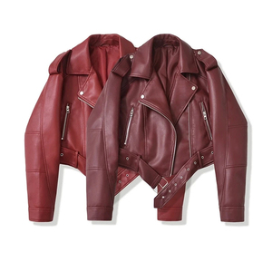 Automne hiver femmes Vintage ample Pu Faux cuir veste courte avec ceinture Streetwear cuir manteau femmes fermeture éclair Moto Biker Outwear - Product Image 4