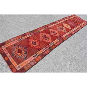 Alfombra Kilim turca vintage diseño de retazos llamativo rojo y naranja área grande 28x11,6 pies alfombra de yute con respaldo de látex para adolescentes - Product Image 2