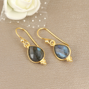Women's Natural Labradorite Teardrop <b>Earrings</b> Gold-Plated Handmade Drop <b>Dangle</b> <b>Silver</b> <b>Earrings</b> - Product Image 1