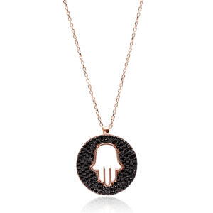 Noir Zircon Pierre Arrondi Hamsa Charme Collier Pendentif Turc À La Main En Gros 925 Bijoux En Argent Sterling - Product Image 1