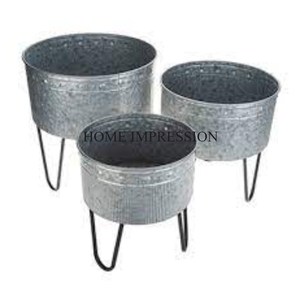 Set of 3 Round Shape Galvanized Indoor Flower Pots Quality Designer <b>Garden</b> Decorative <b>Planters</b> for Artificial Flowers - Product Image 2