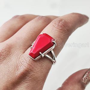 Bague pour femme en argent sterling 925, faite à la main, avec pierre précieuse naturelle corail rouge forme cercueil, pierre de naissance de avril, pour mariage, Noël, anniversaire - Product Image 4
