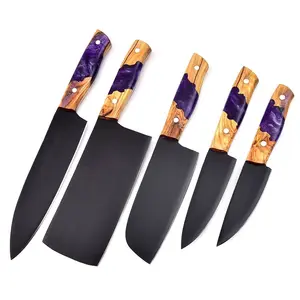 Coltelli da cuoco personalizzati posate coltello da cucina D2 acciaio rivestito nero con manico in legno Pakka con borsa in rotolo di coltello in pelle