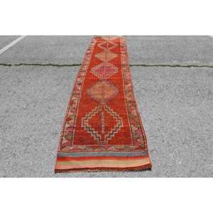 พรมวินเทจขนาด 2.8x12.1 ฟุต สีน้ำตาลแดงลายพรางแบบตุรกี ทำจากขนสัตว์ - Product Image 1