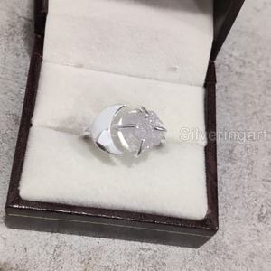 Joyería de piedra áspera de exportación, anillo de mujer, piedra preciosa Natural cruda de cuarzo rosa, piedra natal de abril, luna creciente, anillo de Plata de Ley 925 - Product Image 3