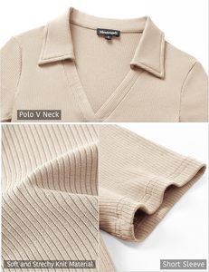 Polo de Manga Corta para Mujer, Color Beige, Tejido de Punto, Estilo Casual, Cuello en V, Mezcla de Algodón y Spandex, Transpirable, Corte Regular - Product Image 5