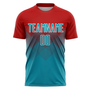 Camiseta de fútbol personalizada OEM, camiseta de fútbol de tela de poliéster 100% con logotipo personalizado de Color azul y rojo para adultos - Product Image 1