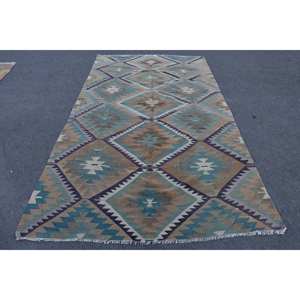 Tapis Kilim bleu marron 5.5x9.8 pieds turc nouveau tissage plat salon tapis Jacquard Technique Rectangle rayé pour couloir - Product Image 1
